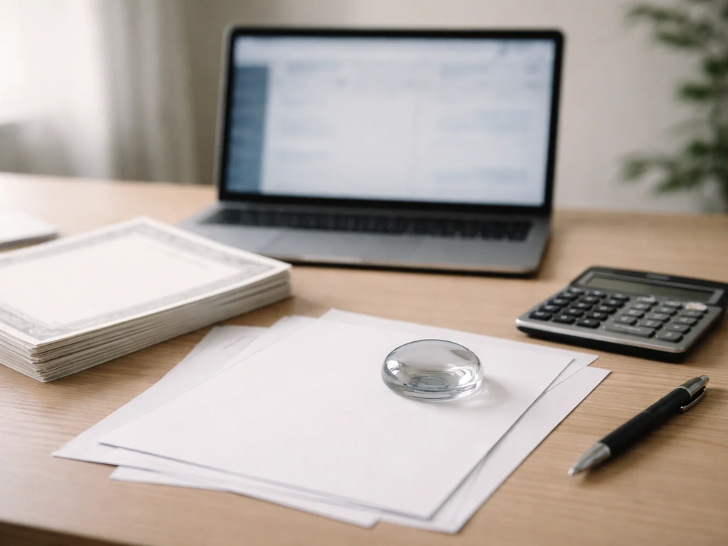 Close-up of a calculator and pen beside stock certificates and a laptop in a quiet office