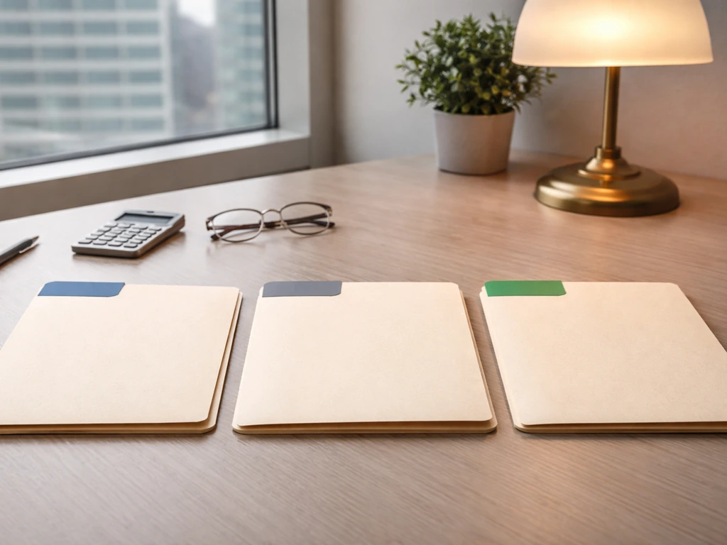 Minimal office desk with three clearly separated folders showing a verification-to-valuation-to-compensation workflow.