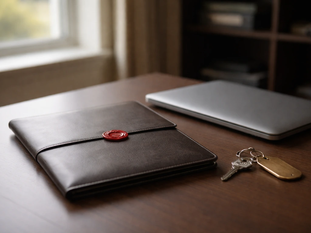Desk with private financial items and an unmarked confidential seal suggesting wealth not disclosed publicly.