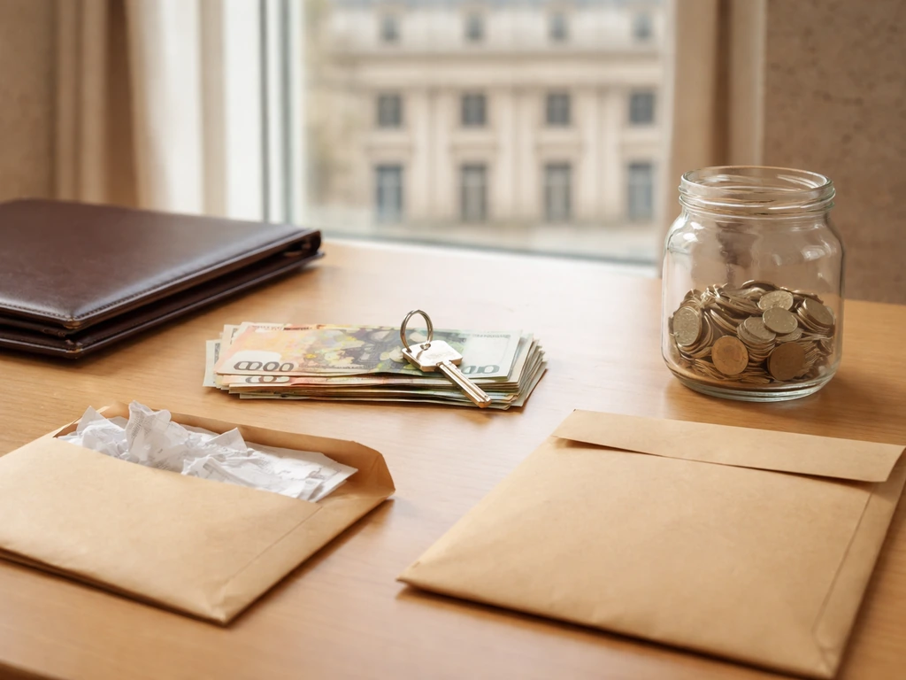 Minimal desk scene with euro cash, coins, keys, and envelopes symbolizing assets versus liabilities.