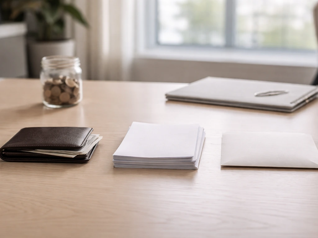 Minimal desk scene with blank bank papers, wallet, envelope, and coin jar suggesting net-worth steps.