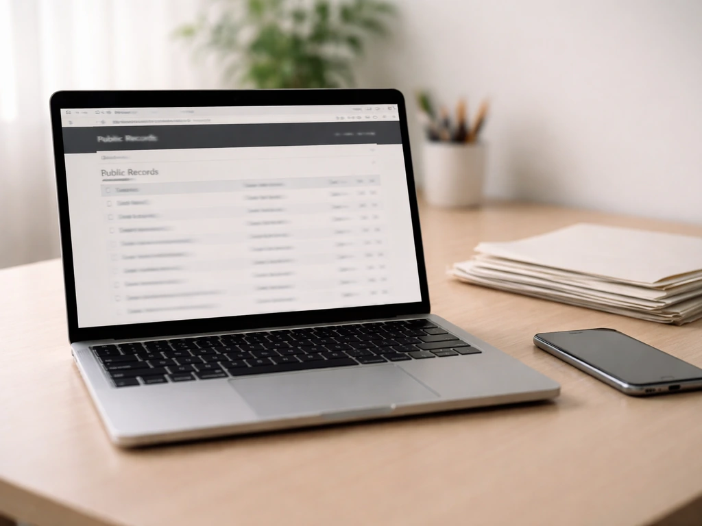 Laptop on a desk showing a generic official records page layout with documents and smartphone nearby.
