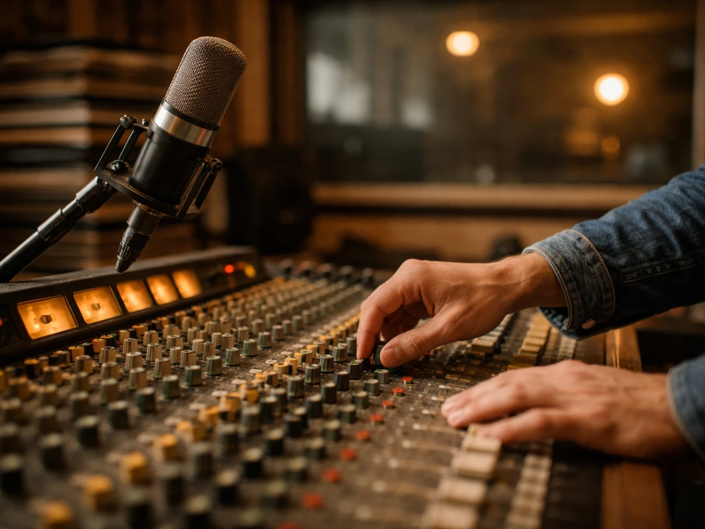 Hands adjusting an analog mixing console in a quiet recording studio with a microphone nearby.