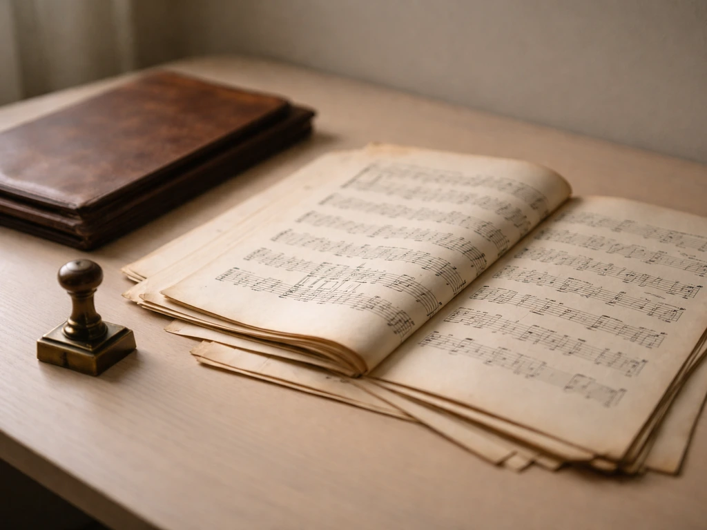 Aged French chanson sheet music pages and a vintage folder on a desk, symbolizing publishing and royalty rights.