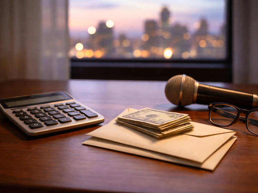 Money and media comparison scene: blurred documents, calculator, and envelopes on a desk with city light.