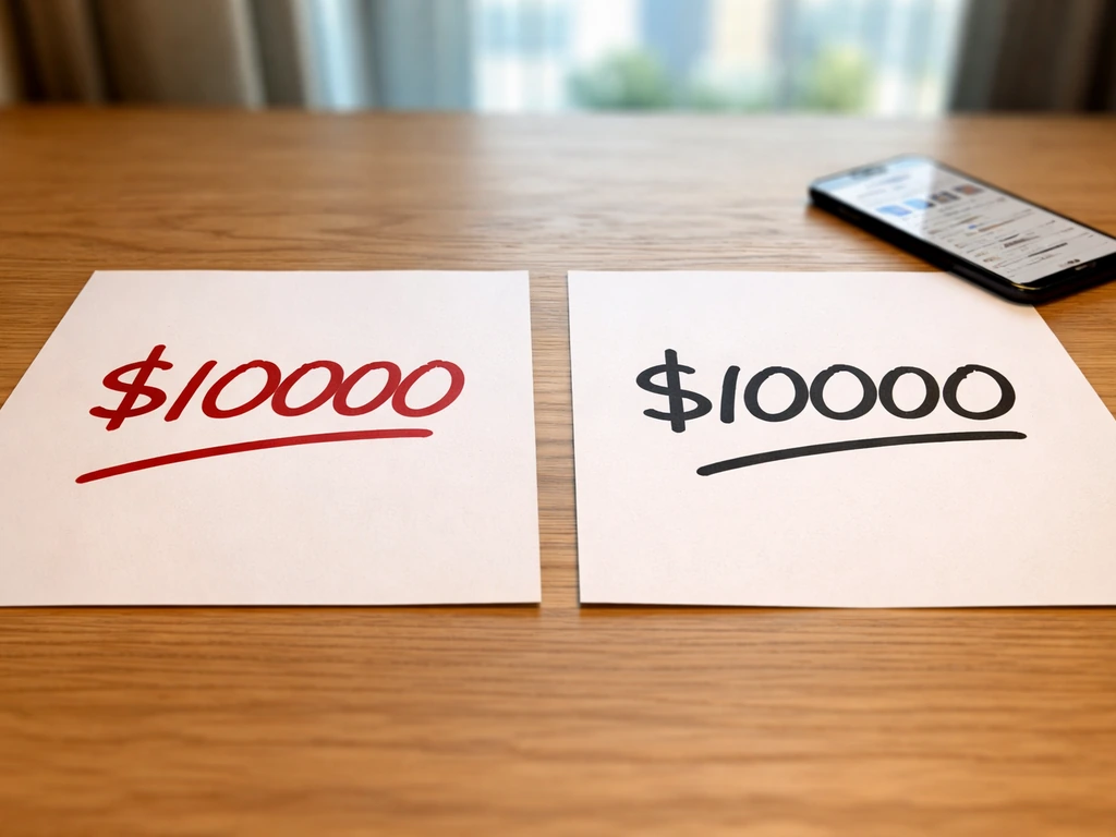 Two conflicting money estimate sheets and a blurred phone screen on a desk, symbolizing differing net worth figures.