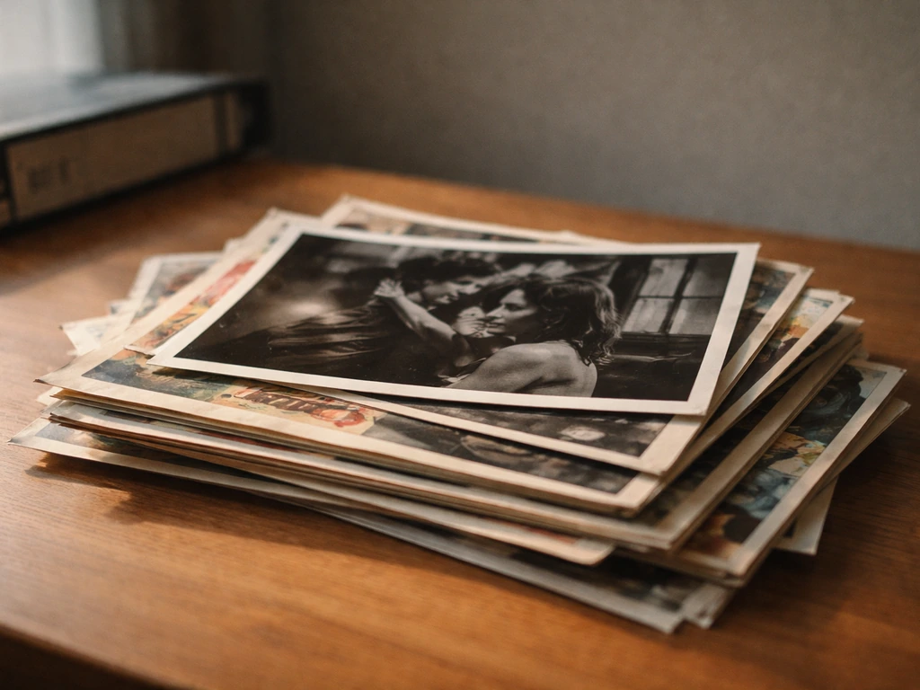 Vintage film posters and production stills laid out neatly on a desk, evoking 1960s French cinema.