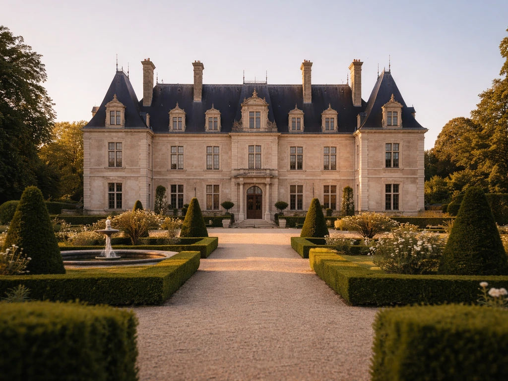 Sunlit view of a French chateau estate at golden hour, symbolizing a publicly referenced property asset.
