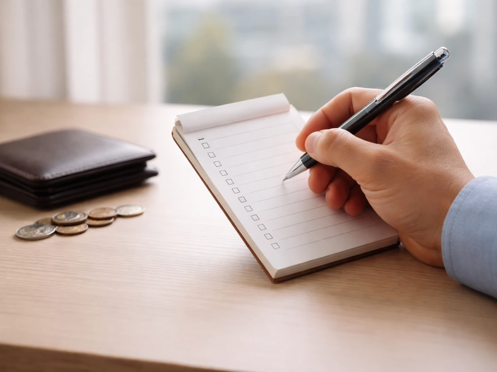 Minimal photo of a hand holding a checklist notepad and pen beside a wallet and coins