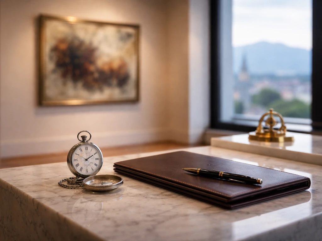 Luxury art gallery interior with a Swiss-inspired atmosphere and subtle business wealth cues