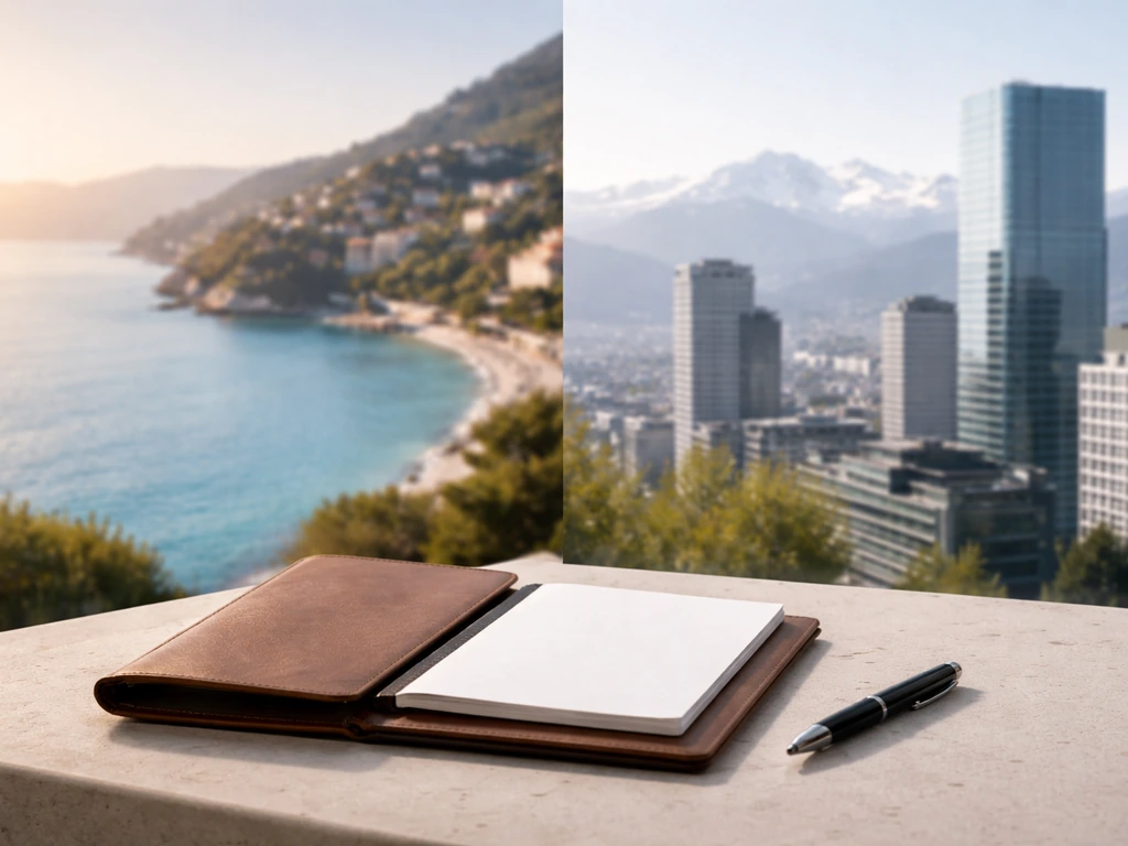 A Riviera coast and Swiss skyline contrast with a blank leather portfolio on a desk in between.