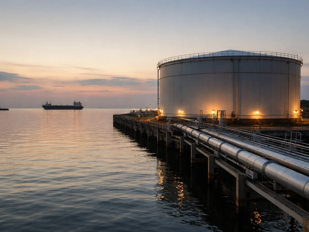Minimal oil port scene with a large storage tank, pipes, and a distant cargo vessel silhouette.