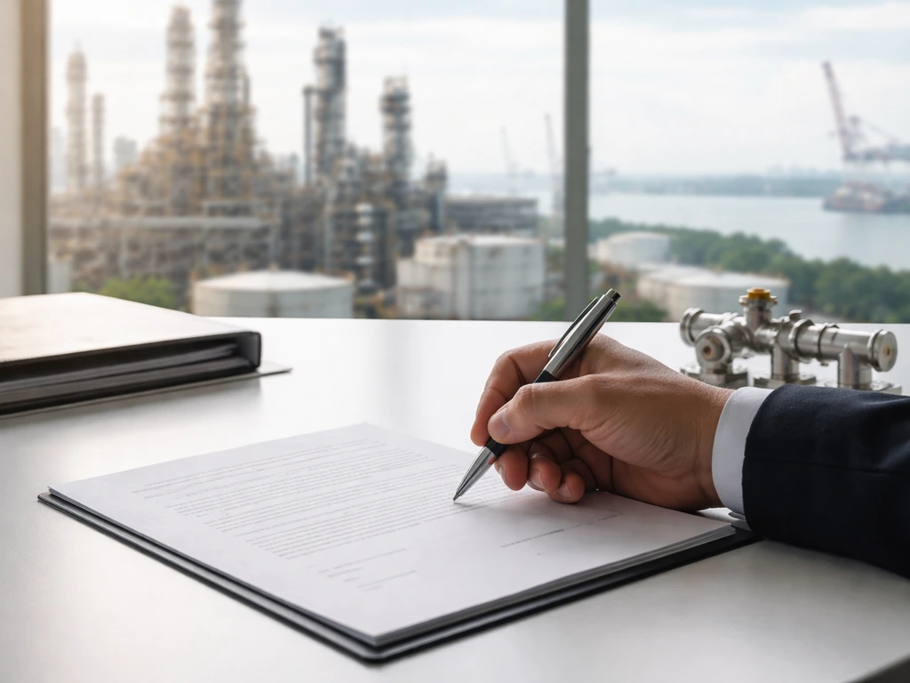 Gloved hand signing a contract on a desk with a refinery and cranes softly blurred in the background.