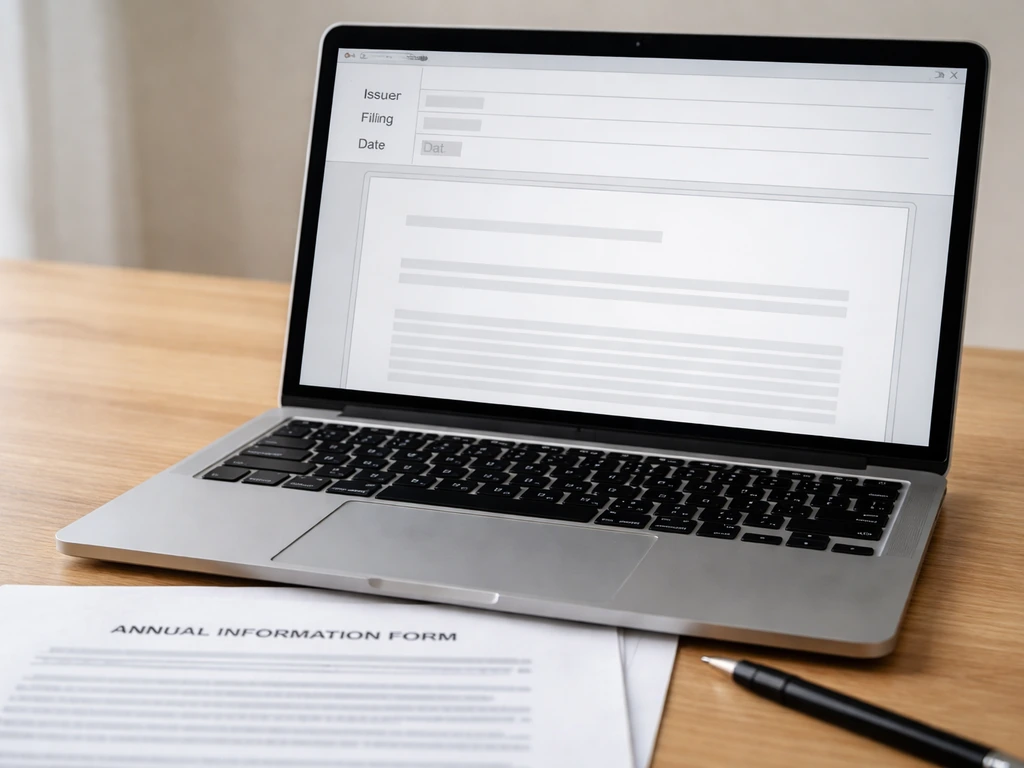Laptop and printed AIF documents on a desk, suggesting public securities filings readers can verify.