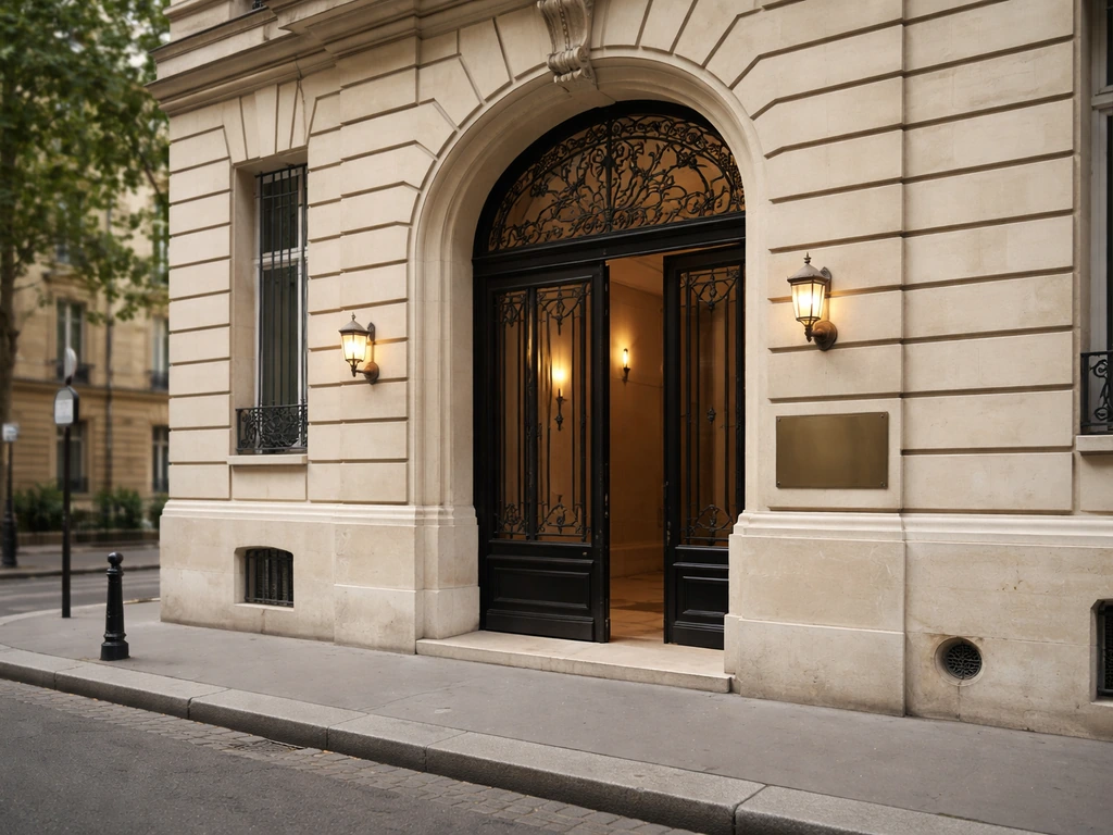 Paris-style business building entrance with a formal address façade and quiet street ambience.