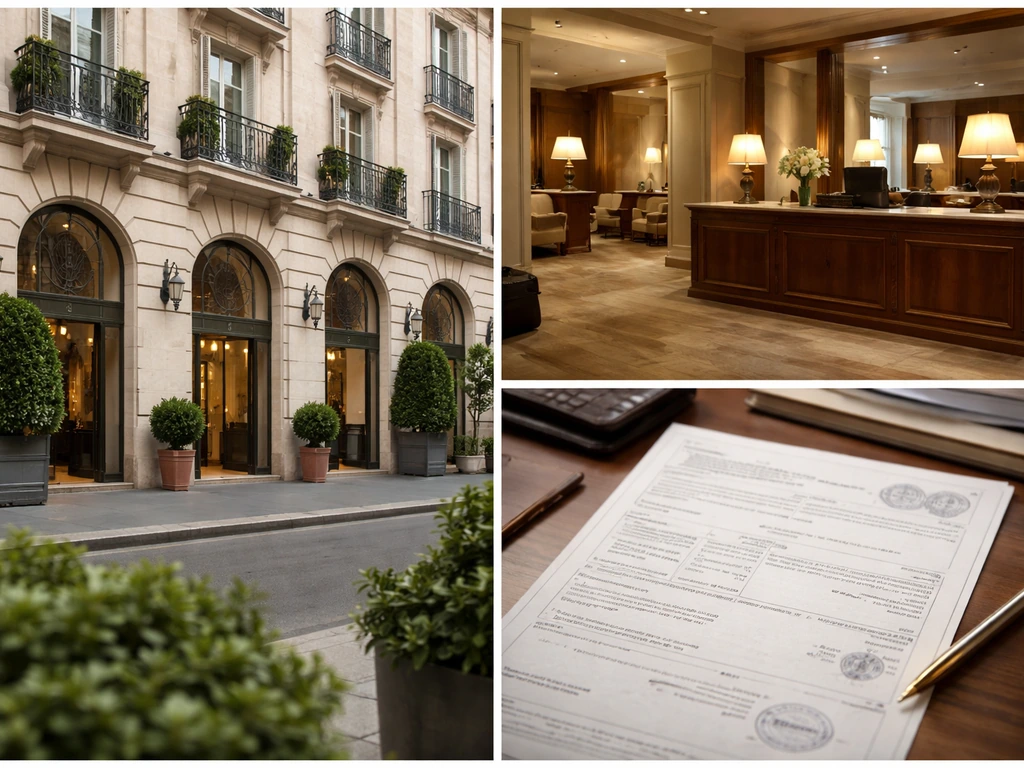 Minimal collage of an upscale hotel exterior, quiet lobby interior, and a generic corporate document close-up.