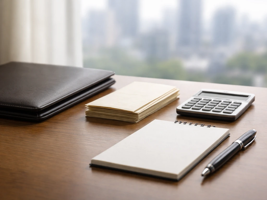 Minimal office desk with scattered cash envelopes and a blurred city skyline backdrop representing an anonymous net wort