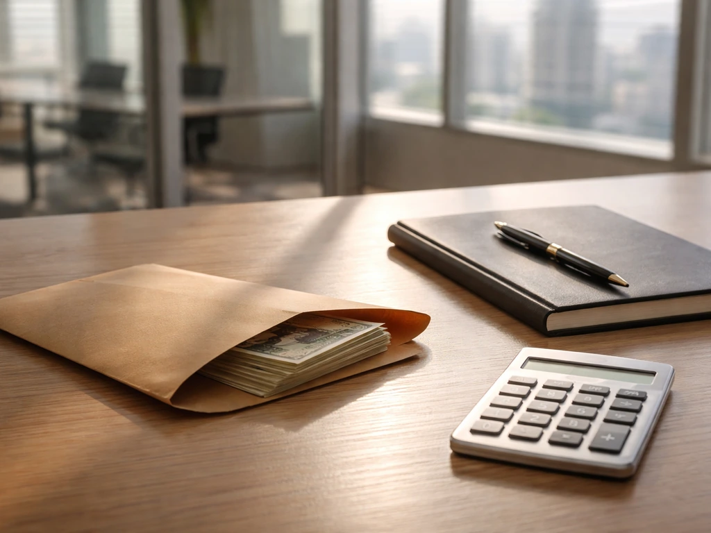 Minimal desk scene with a cash envelope and a calculator, suggesting an estimated wealth range