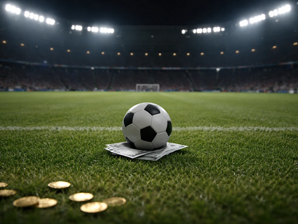 Real Madrid-style football scene with symbolic focus on high earnings: stadium lights and money motif, no person shown