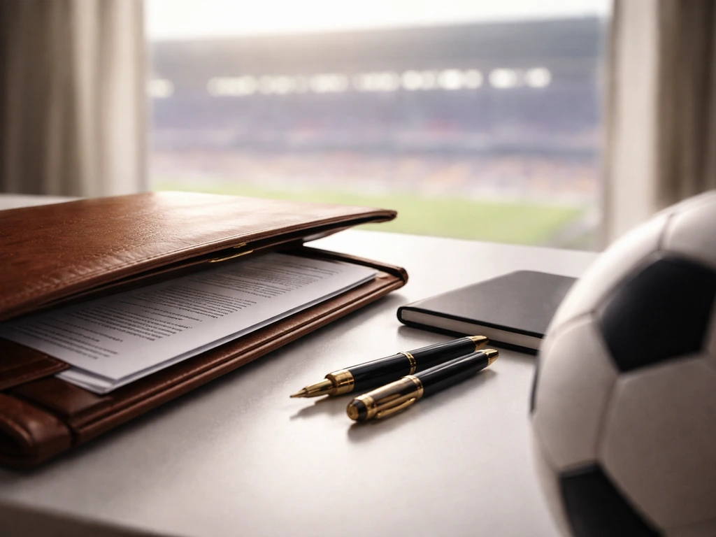 Leather contract folder on a desk with pens and a soccer ball, hinting at performance bonus clauses.