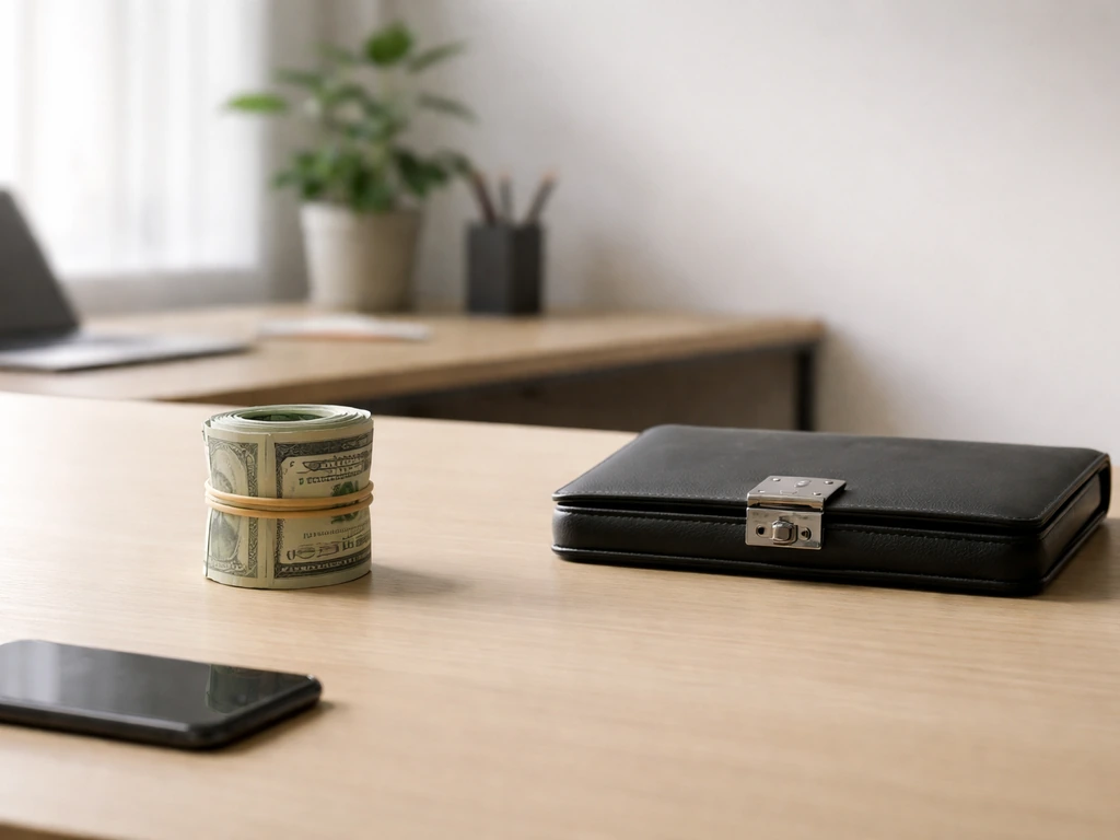 Minimal office desk with cash stack and closed portfolio symbolizing yearly income vs accumulated wealth