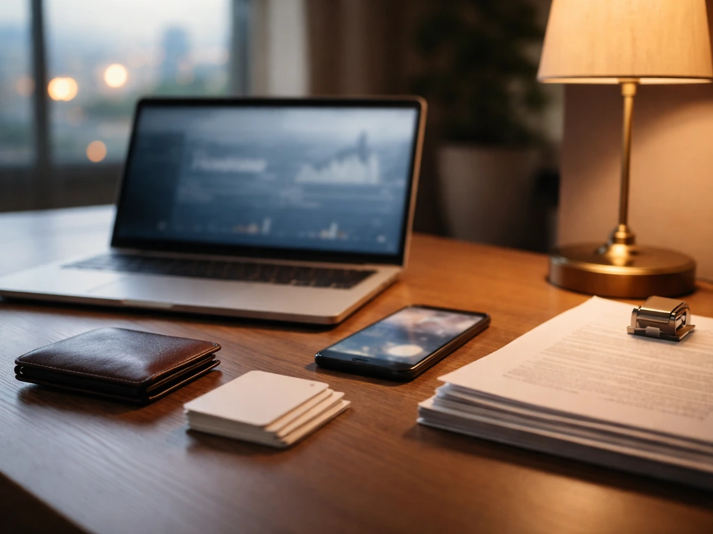Minimal office desk with a smartphone showing a blurred video-call screen and scattered business cards