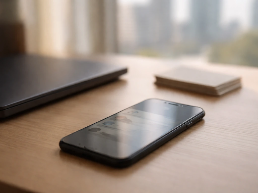 Anonymous smartphone and desk setup with subtle social media reflection and city background, suggesting online presence.