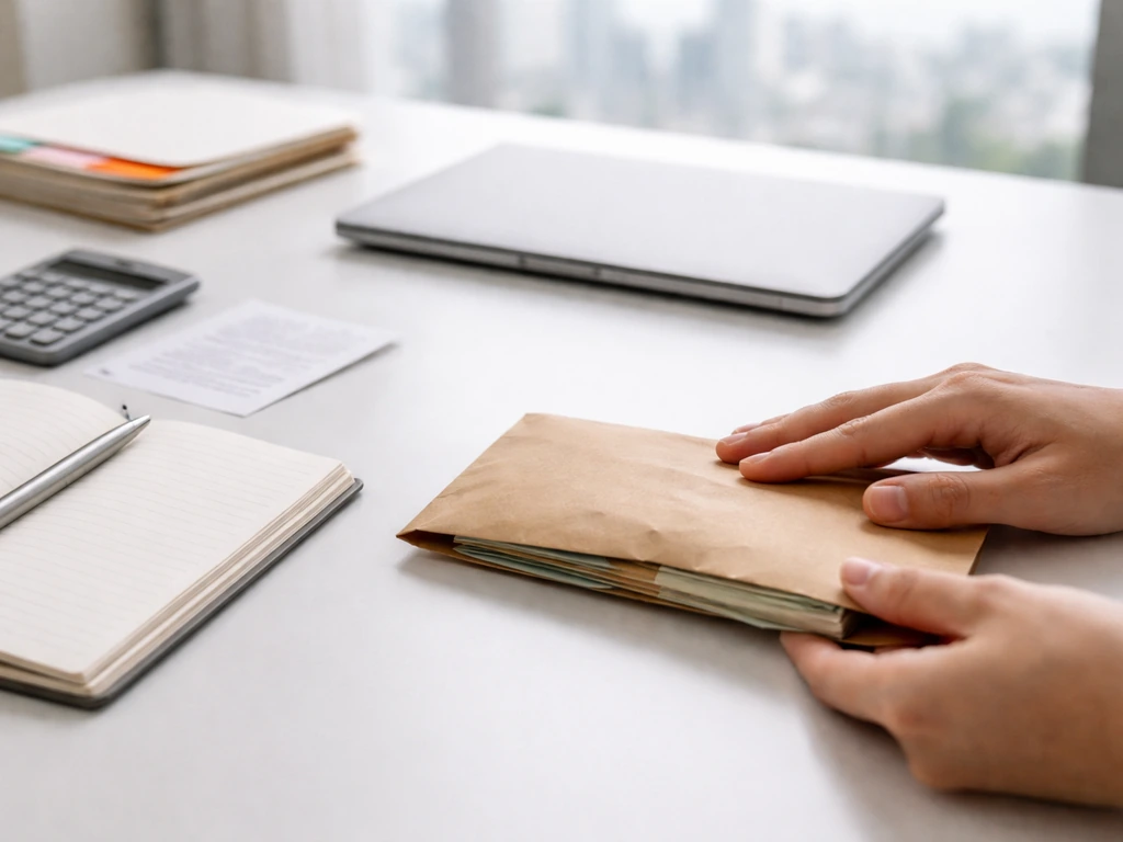 Hands placing a cash envelope beside a notebook and laptop in a quiet office, symbolizing income and verification.