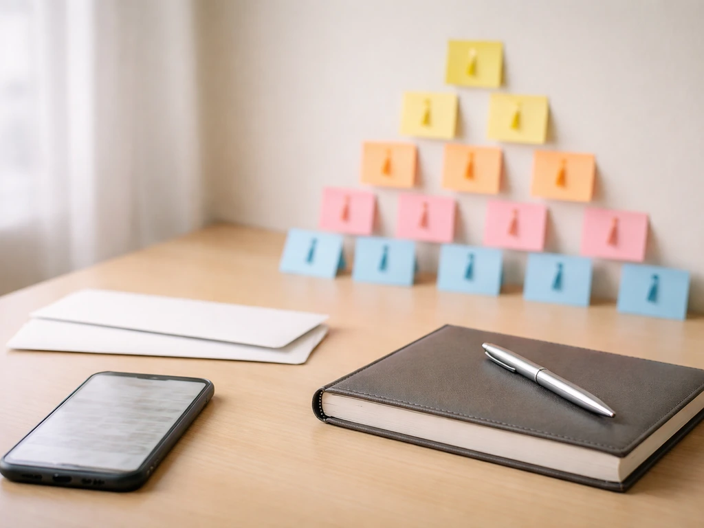 Minimal desk scene with a blurred phone and a small sticky-note tier pyramid concept in the background