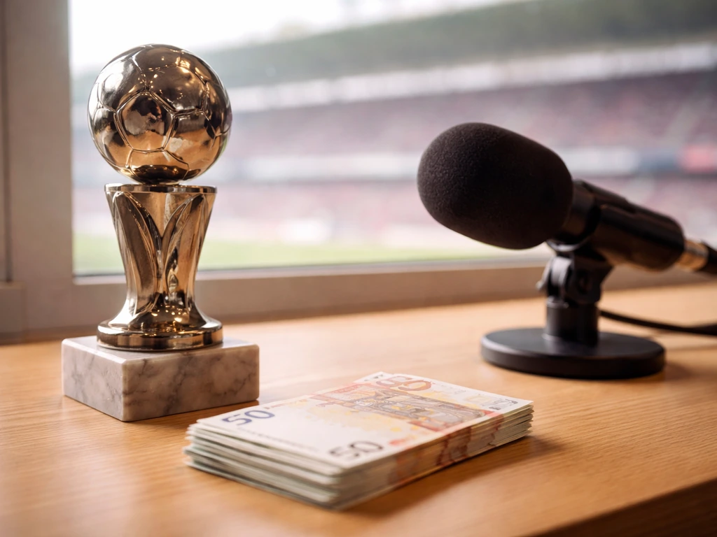 Football trophy, euro cash, and a microphone on a wooden desk in soft natural light.