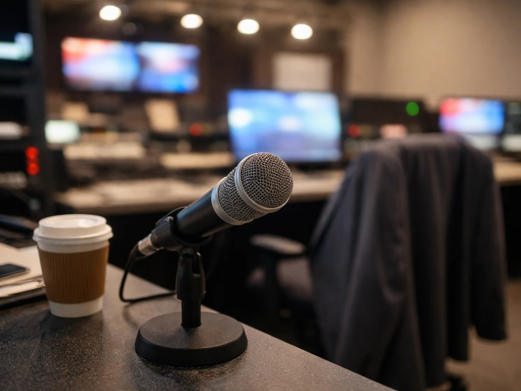 Broadcast microphone in a quiet TV studio control room, with suit jacket and coffee suggesting media work.