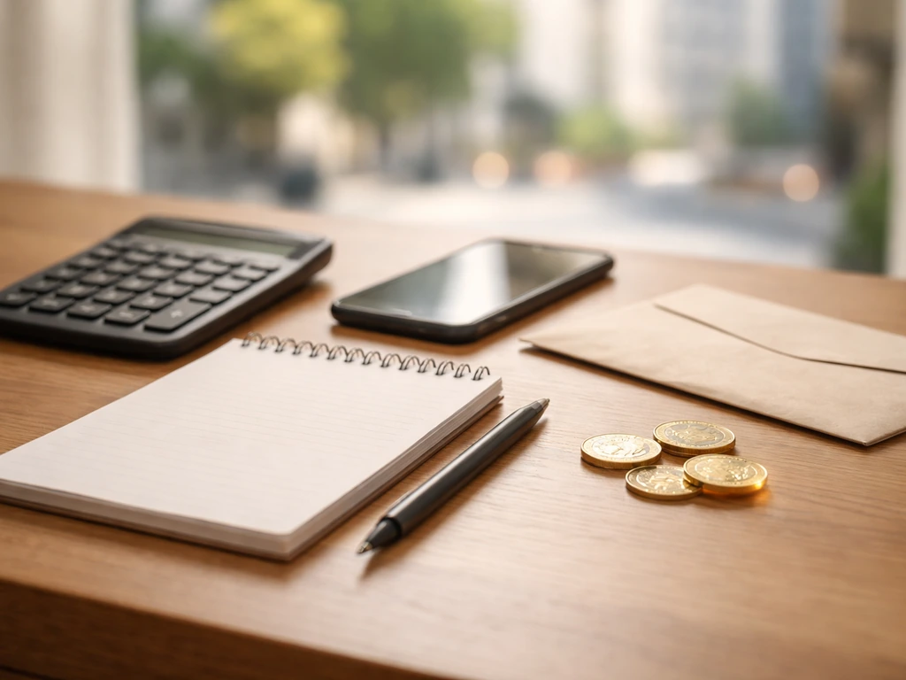 Minimal photo of a desk with a notepad, calculator, and blurred money symbols suggesting changing net-worth estimates.