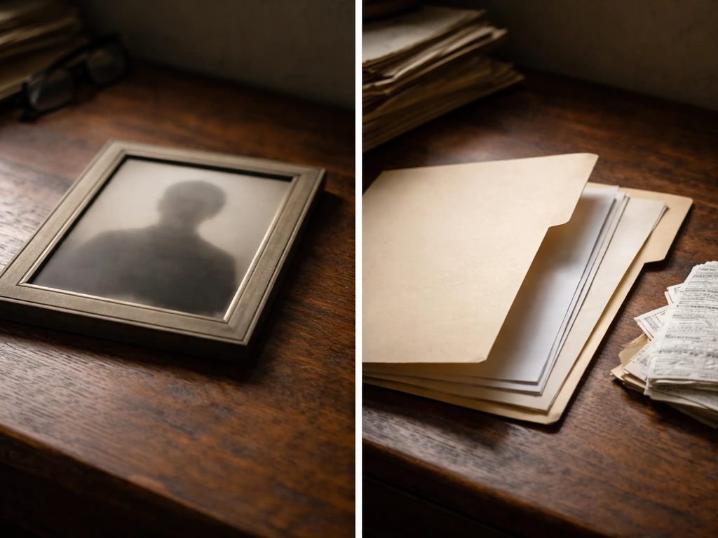Split photo showing an archival portrait placeholder and a blank evidence folder with receipts and property papers.