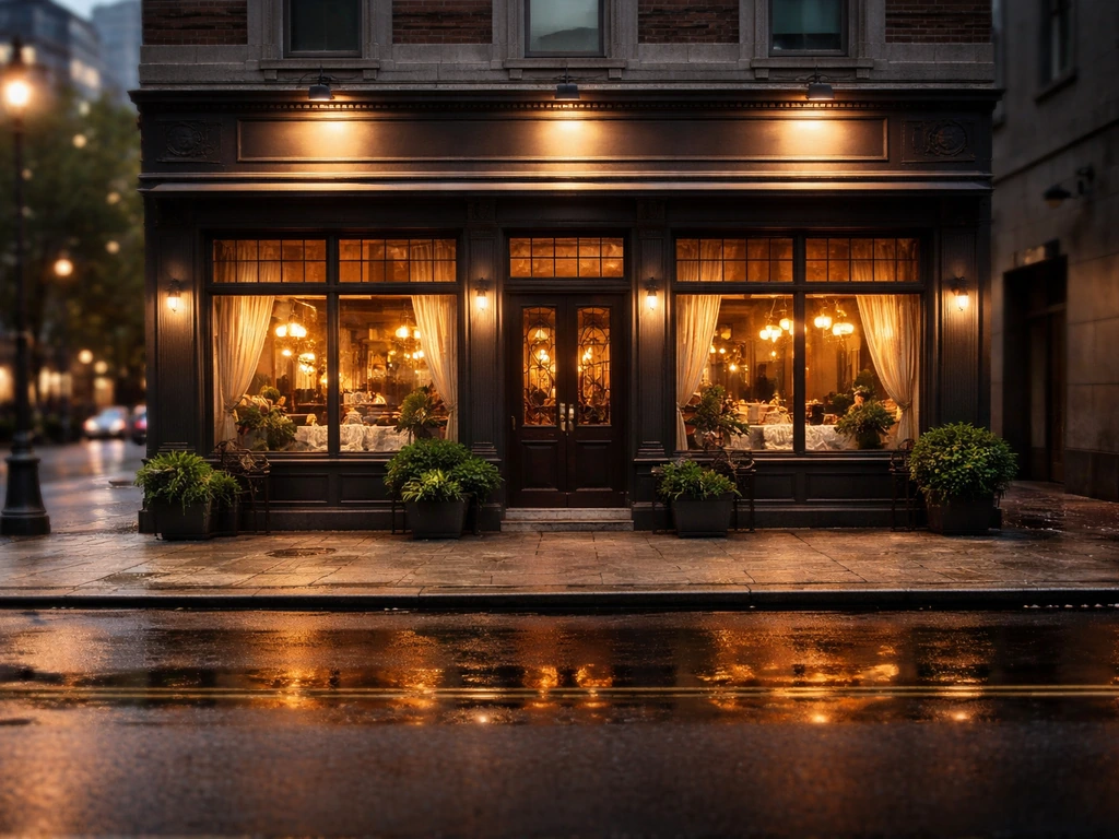 Moody evening view of an elegant Philadelphia restaurant exterior with warm lights and street ambiance