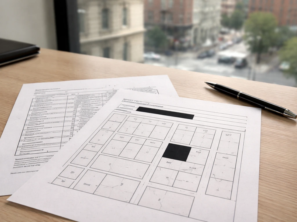Close-up of a redacted Philadelphia-style property record sheet and parcel map on a desk