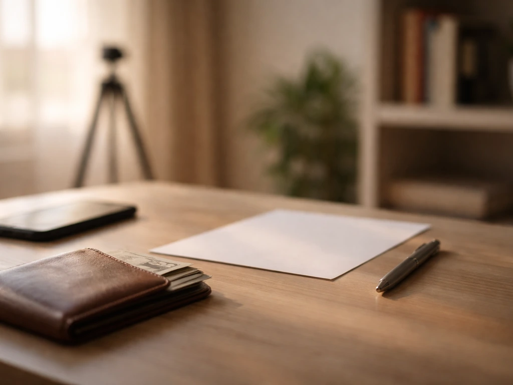 Minimal office scene with a blurred money envelope and a camera tripod, suggesting an uncertain earnings estimate.