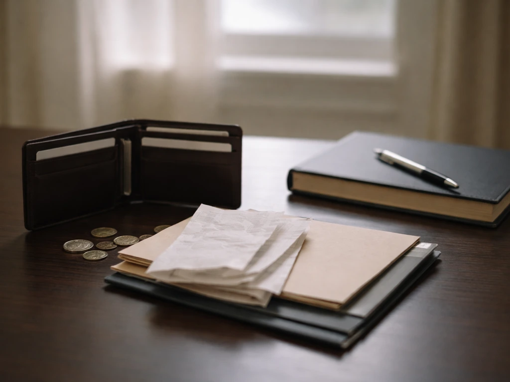 Minimal office scene showing a wallet, scattered receipts, and a closed ledger to suggest assets vs liabilities.