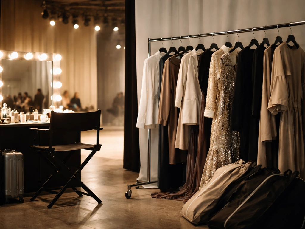 Backstage fashion workroom with clothing rack, makeup chair, and runway lights out of focus