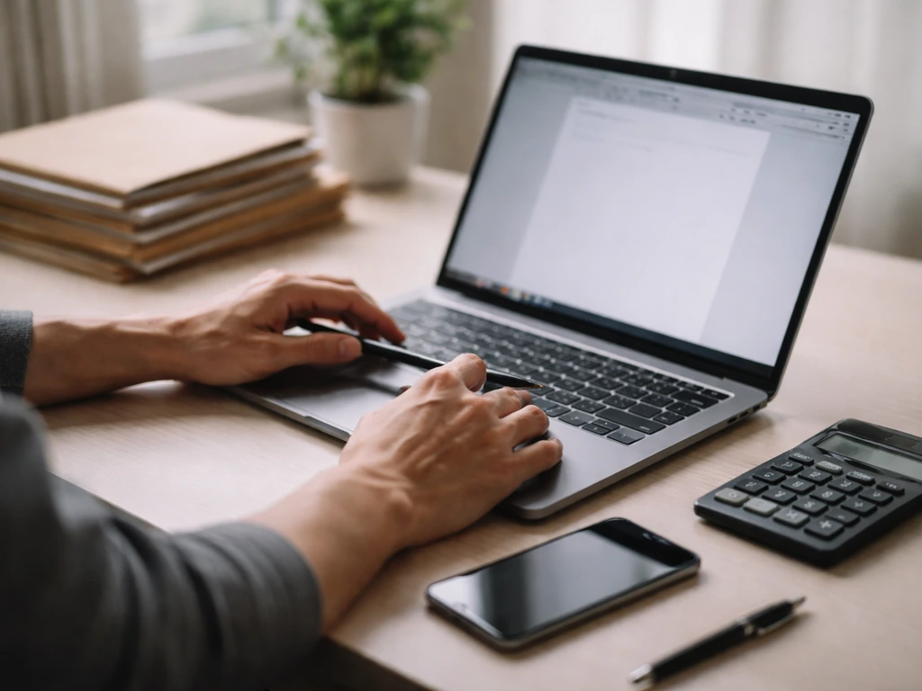 Hands at a desk reviewing public-record folders with laptop and phone for fact-checking financial claims.