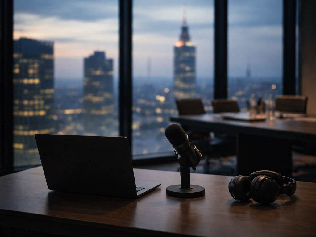 Minimal modern office desk with microphone and headphones, city skyline beyond the window at dusk