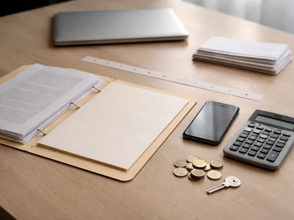 Minimal desk scene with blank documents and calculator, suggesting building a net worth estimate workflow.