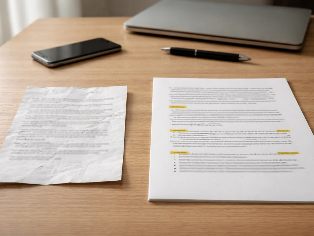 Minimal desk scene showing anonymous rumor vs verified document comparison with highlighted citations
