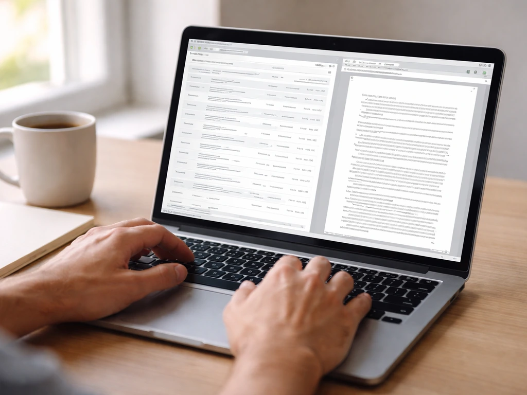 Person at a desk searching SEC EDGAR on a laptop and opening a 20-F filing document.