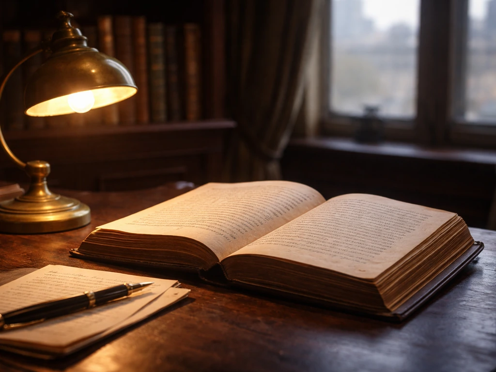 Warm vintage writer’s desk with an open book, fountain pen, and softly blurred shelves in the background.