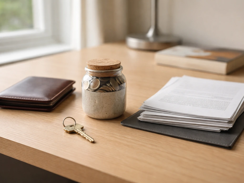 Minimal desk scene showing assets: coin jar, house key, and documents implying liabilities.
