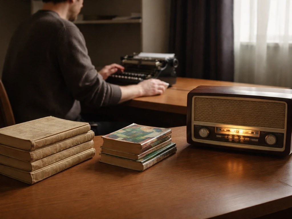 Minimal desk scene showing separate income-stream themes: a stack of novels, a typewriter, and a radio dial