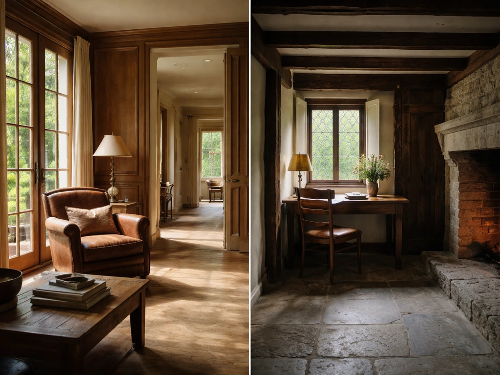 Sunlit country estate interior paired with a Swiss study to evoke multi-location property holdings.