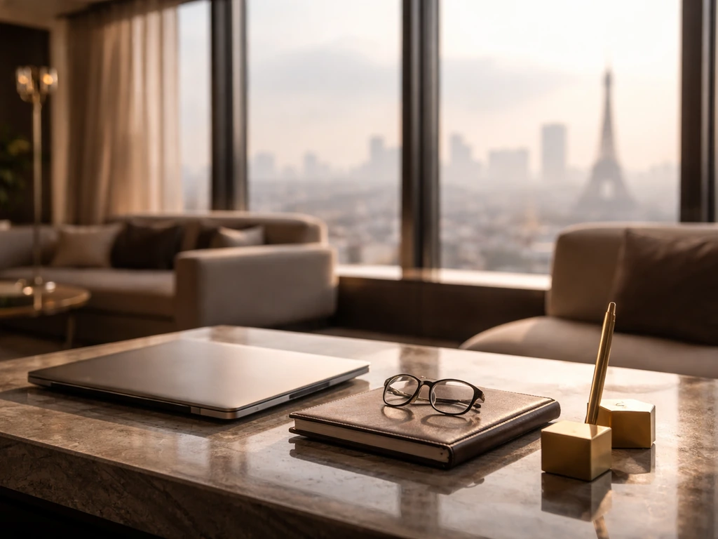 Minimal modern office desk with laptop and notebook, symbolizing corporate wealth and business leadership.