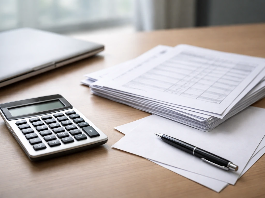 Close-up of a calculator beside stock certificate-style papers and a laptop in soft daylight