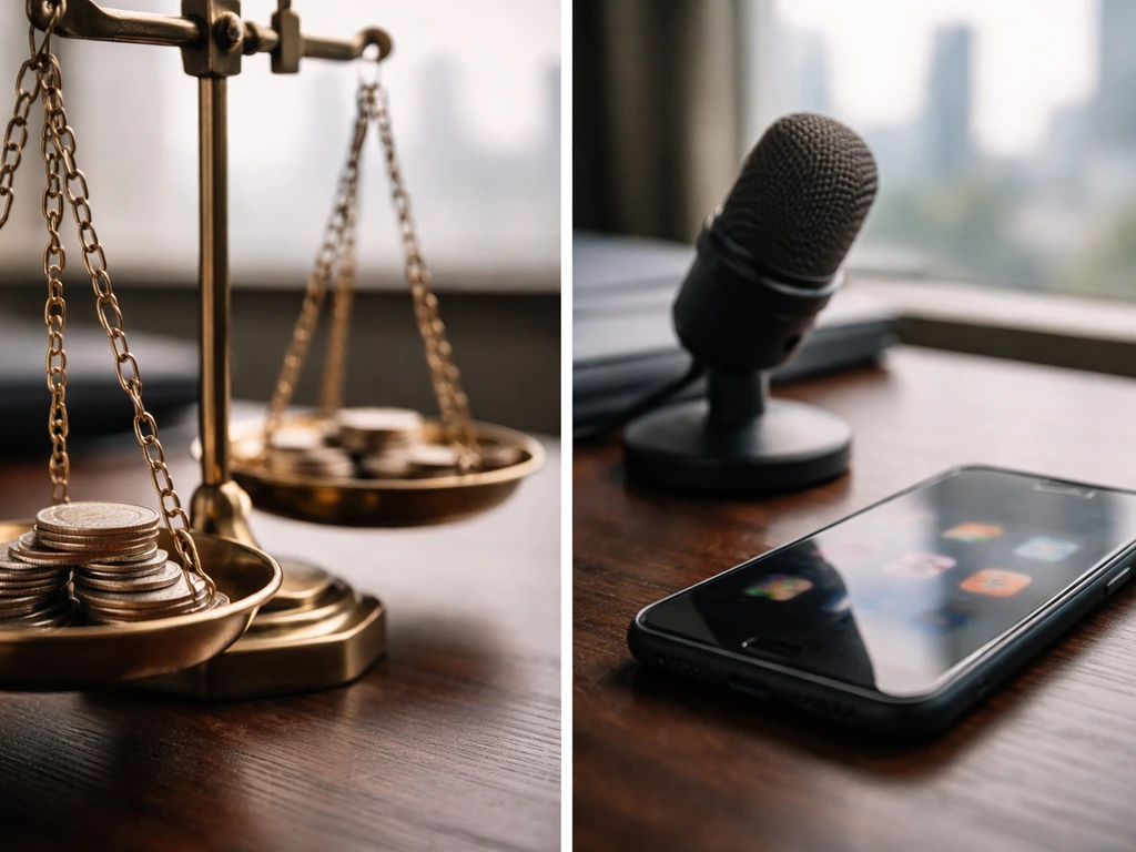 Split collage of a coin balance scale and a smartphone with blurred social icons on a desk.